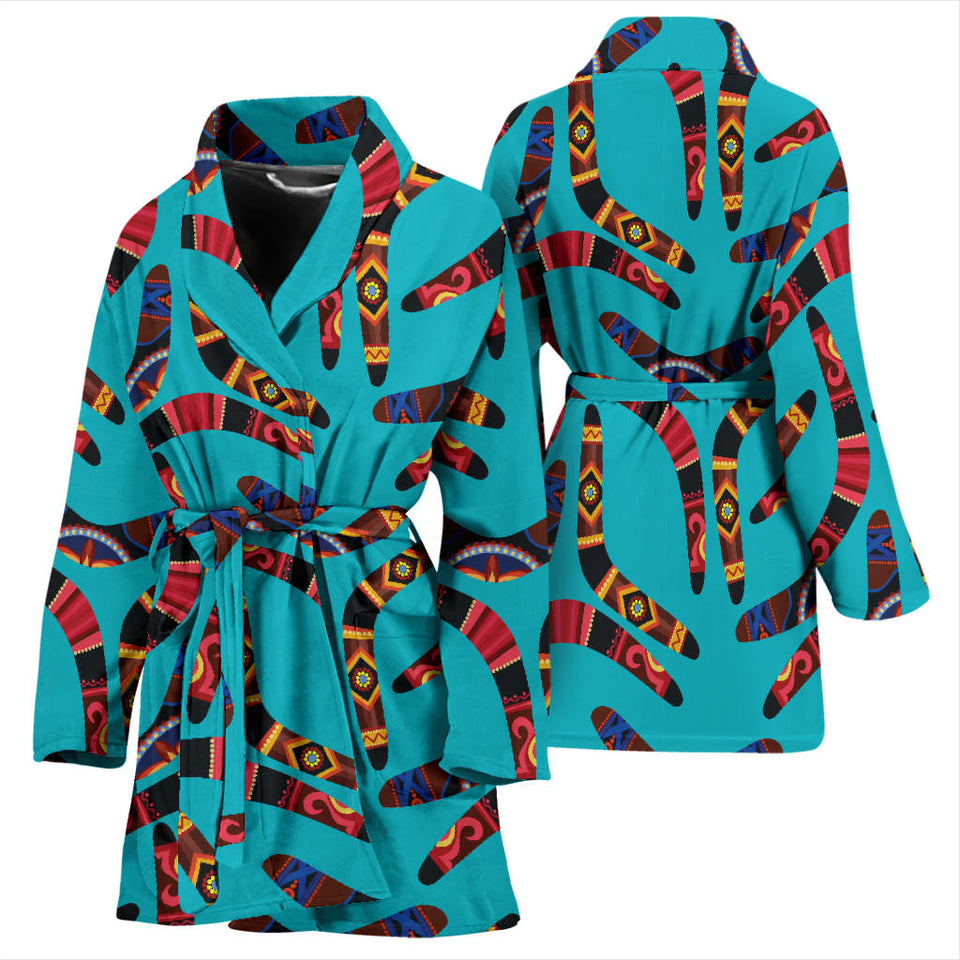 Boomerang Australian Aboriginal Ornament Blue Background Women'S Bathrobe