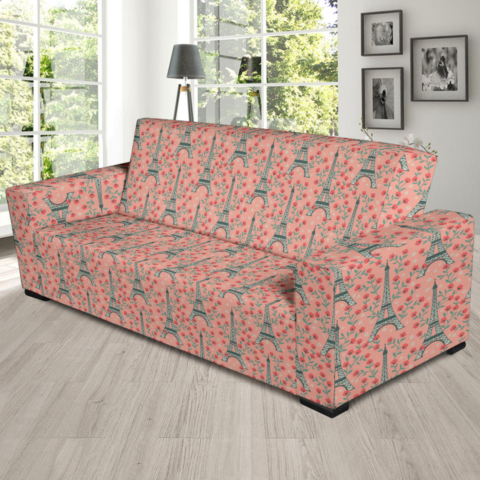 Eiffel Tower Flower Background Pattern Print Design 03 Sofa Slipcover