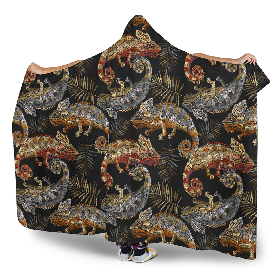 Chameleon Lizard Tropical Leaves Palm Tree Hooded Blanket