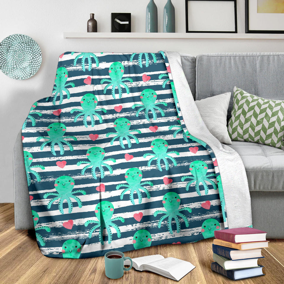 Cute Octopuses Heart Striped Background Premium Blanket