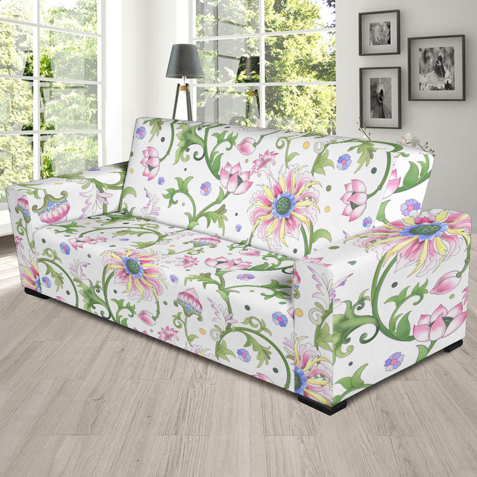Beautiful Pink Lotus Waterlily Leaves Pattern Sofa Slipcover