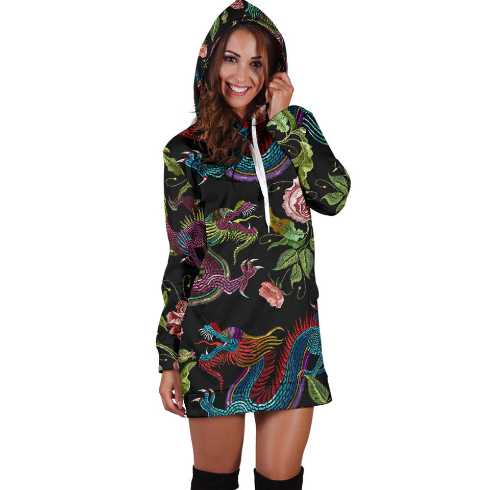 Dragons Flower Pattern Women'S Hoodie Dress