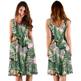 Toucan Tropical Green Jungle Palm Pattern Sleeveless Midi Dress