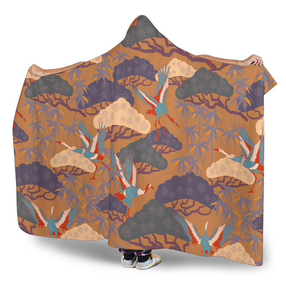 Bonsai Bamboo Stork Japanese Pattern Brown Theme Hooded Blanket