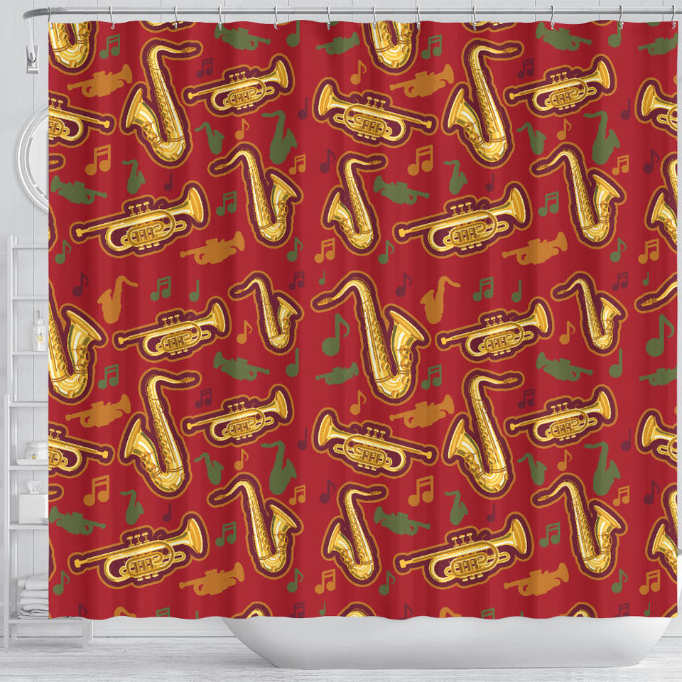 Saxophone Cornet Pattern Red Background Shower Curtain Fulfilled In US