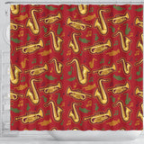 Saxophone Cornet Pattern Red Background Shower Curtain Fulfilled In US