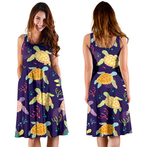 Colorful Sea Turtle Pattern Sleeveless Midi Dress