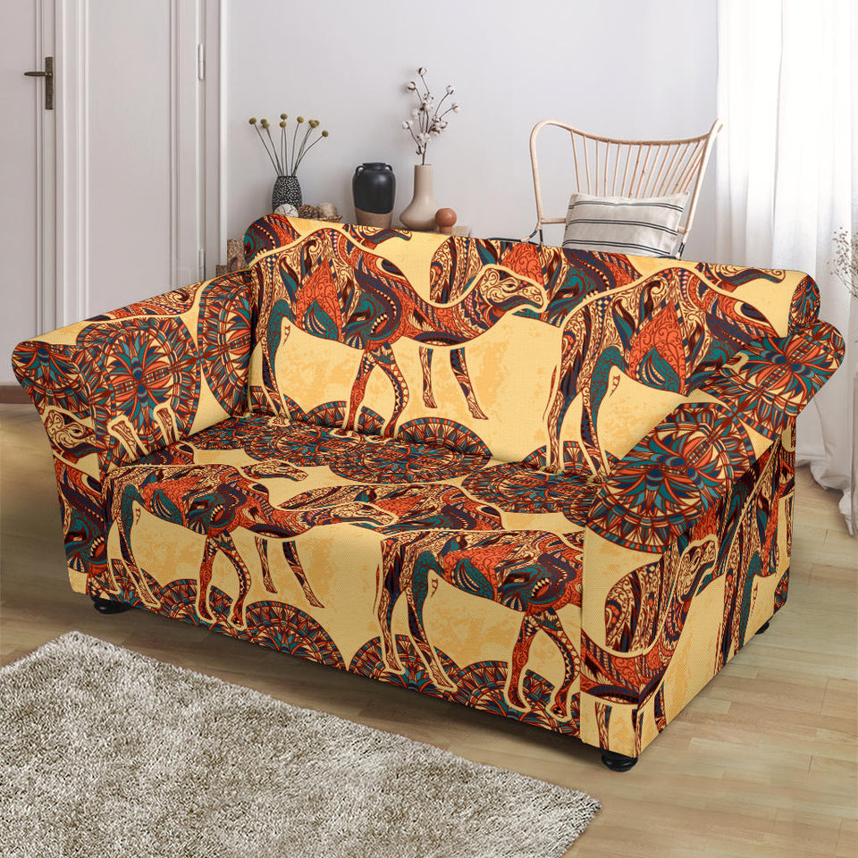 Camel Polynesian Tribal Design Pattern Loveseat Couch Slipcover