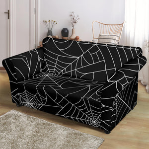 Spider Web Pattern Black Background White Cobweb Loveseat Couch Slipcover