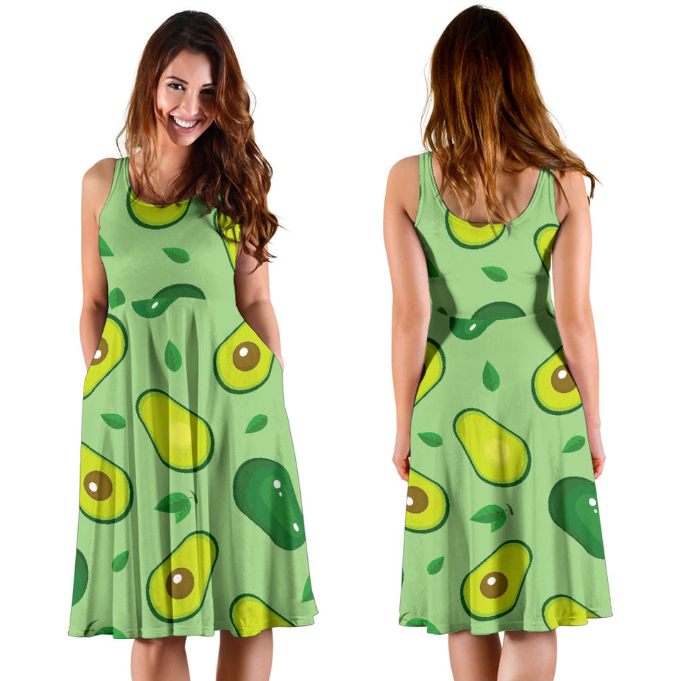 Avocado Pattern Green Background Sleeveless Midi Dress