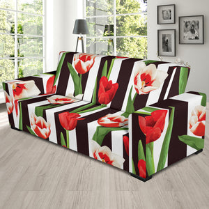 Red And White Tulips Pattern Sofa Slipcover