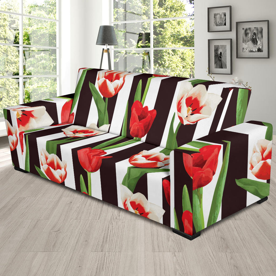 Red And White Tulips Pattern Sofa Slipcover