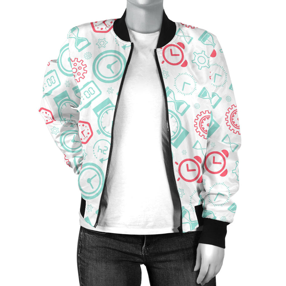 Clock Time Pattern Blackground Women'S Bomber Jacket