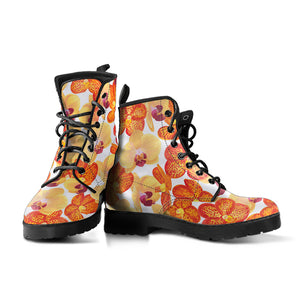 Orange Yellow Orchid Flower Pattern Background Leather Boots