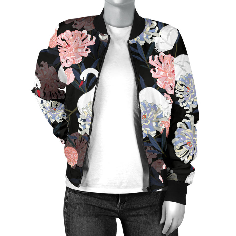 White Swan Blooming Flower Pattern Women'S Bomber Jacket