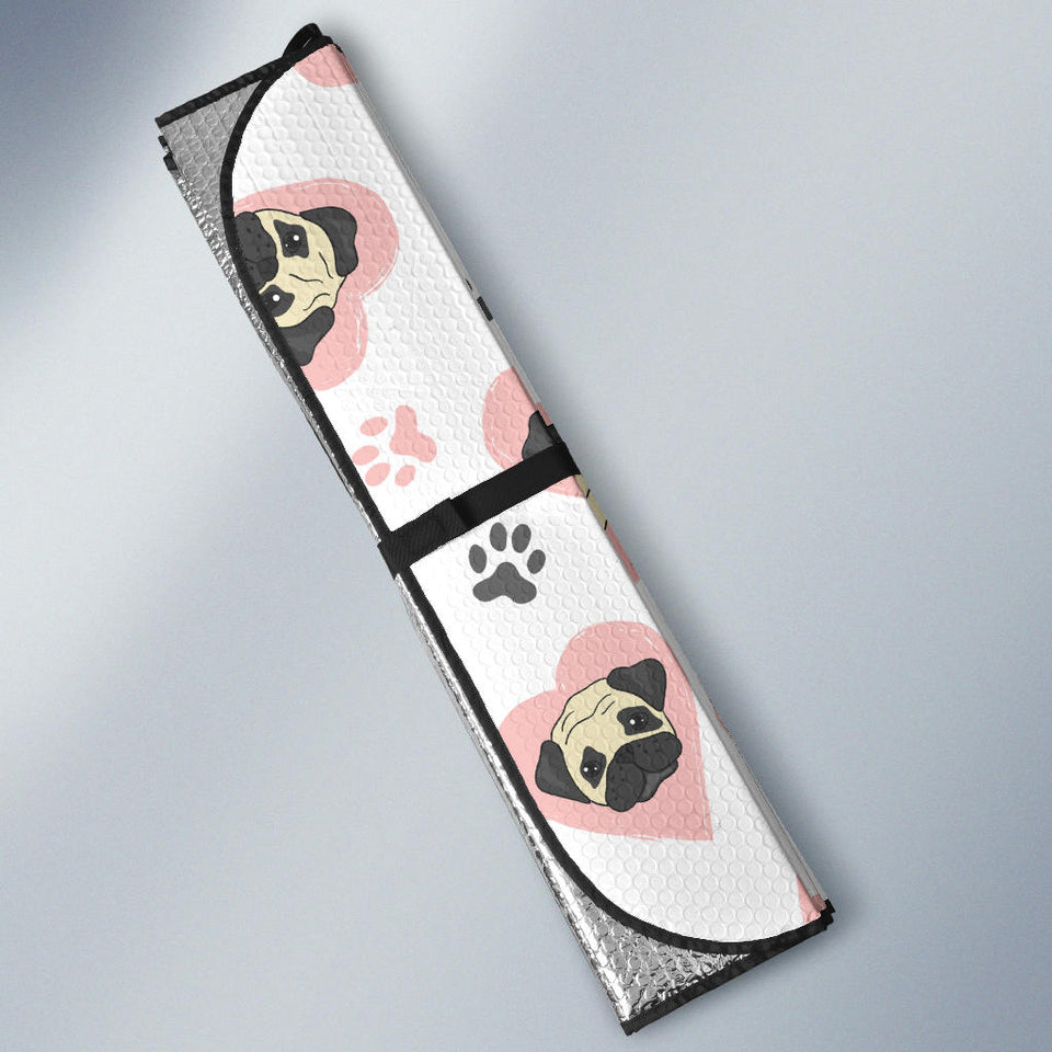 Cute Pugs Pink Heart Paw Pattern Car Sun Shade