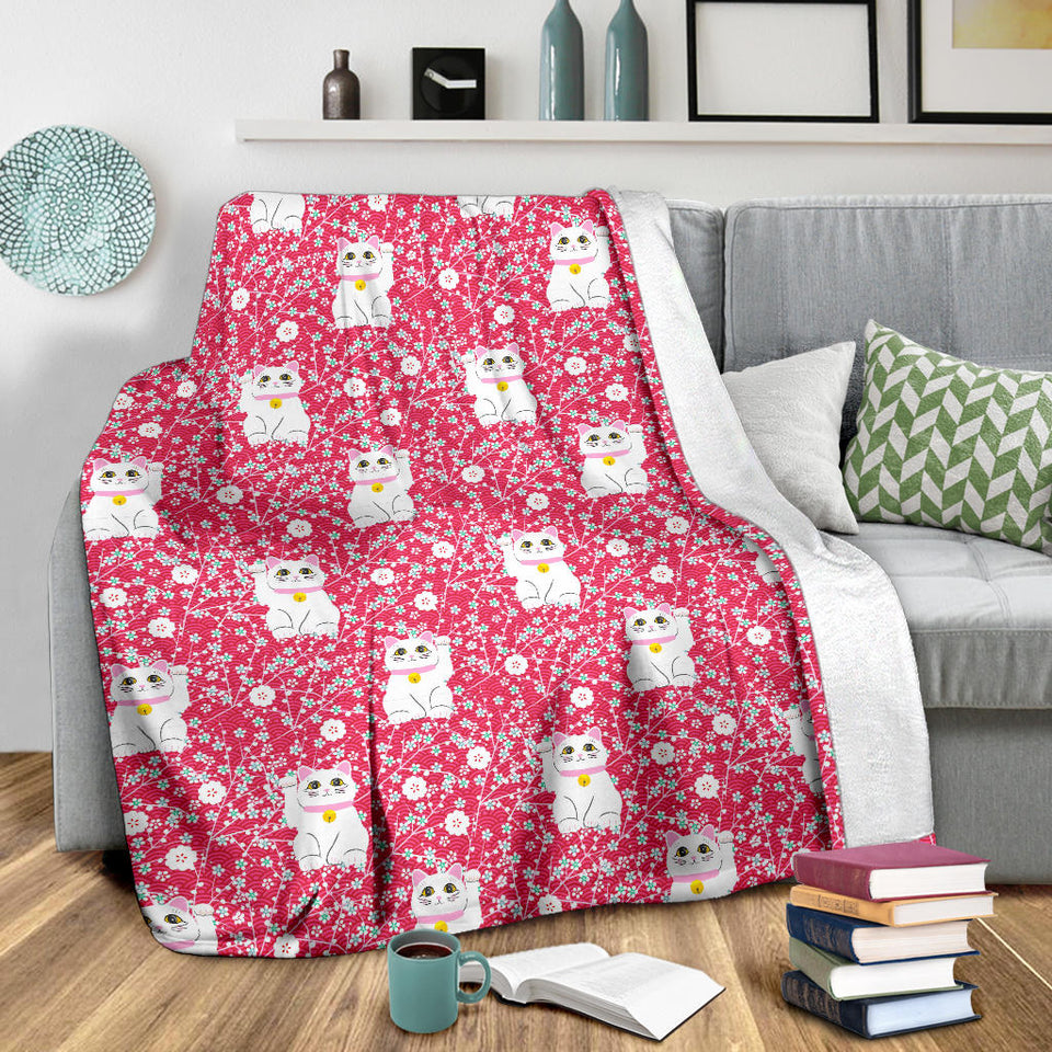 Maneki Neko Lucky Cat Sakura Pink Background Premium Blanket