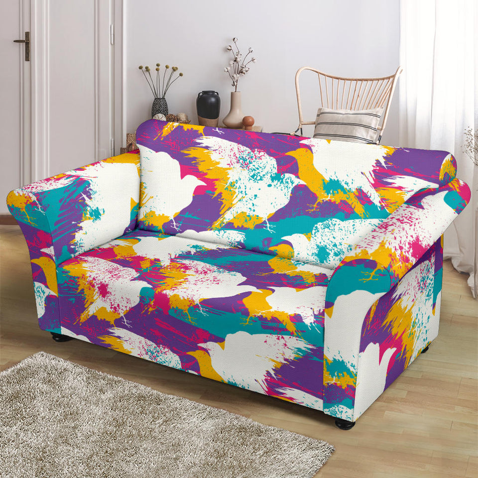 Colorful Crow Illustration Pattern Loveseat Couch Slipcover