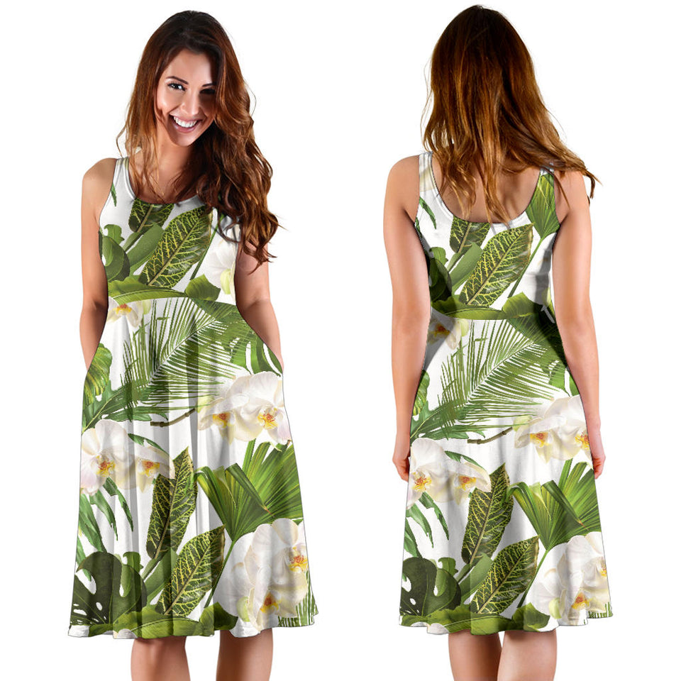 White Orchid Flower Tropical Leaves Pattern Sleeveless Midi Dress
