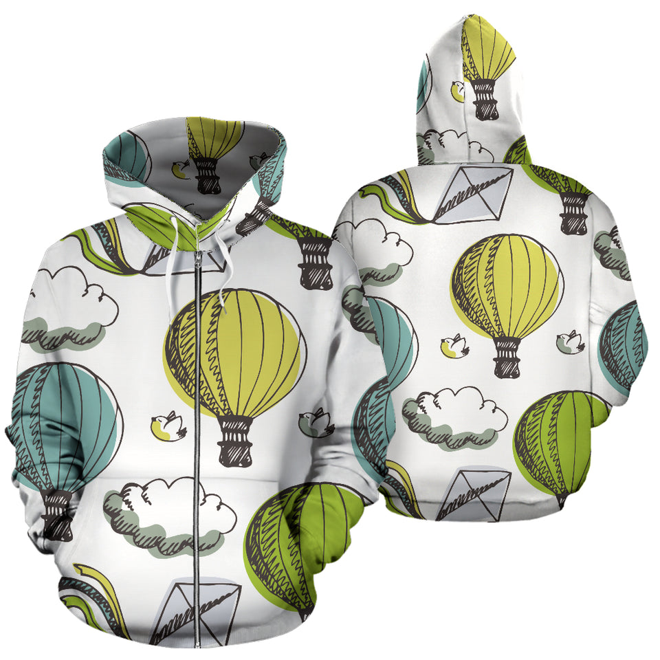 Hot Air Balloon Bird Cloud Pattern Zip Up Hoodie