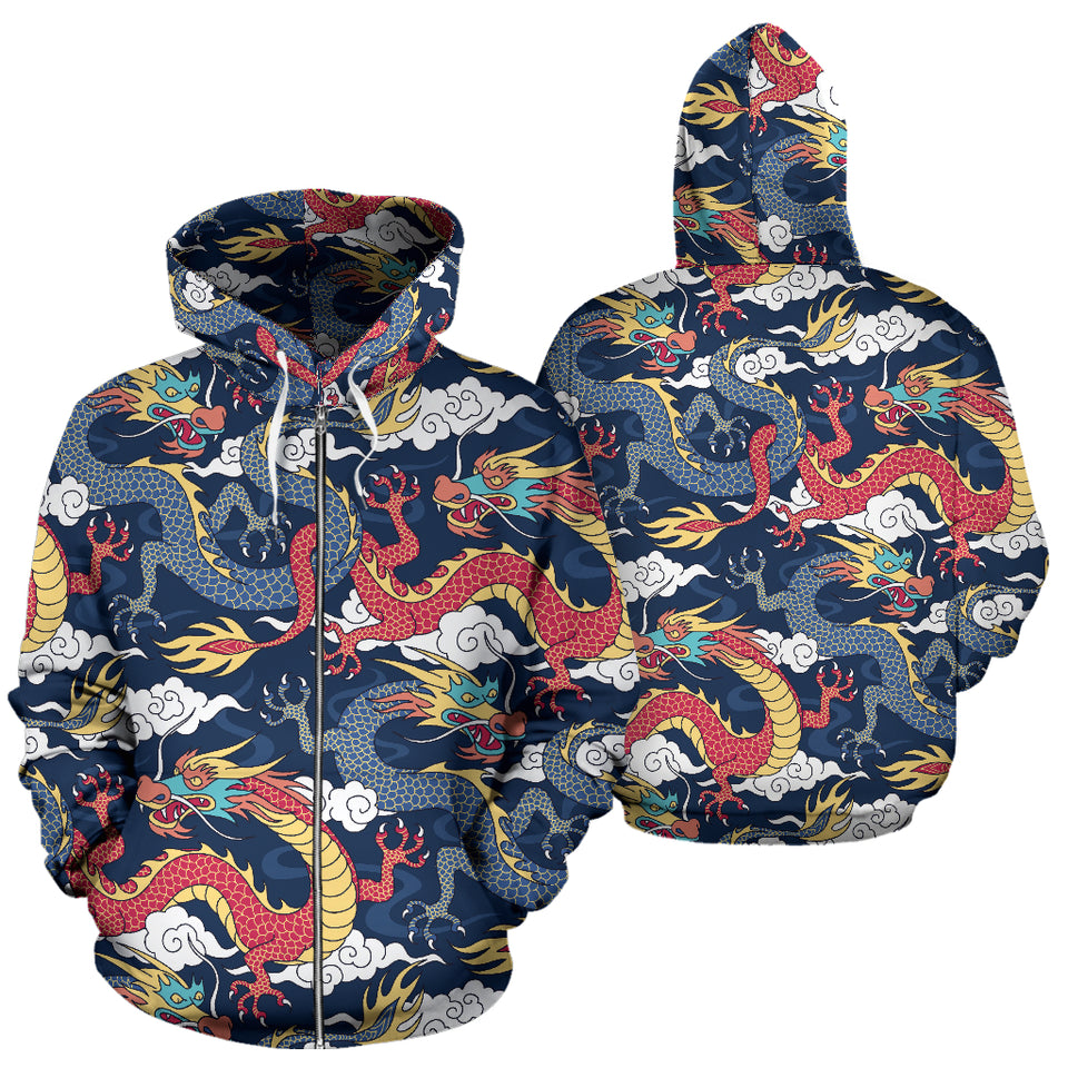 Blue Red Dragon Cloud Pattern Zip Up Hoodie