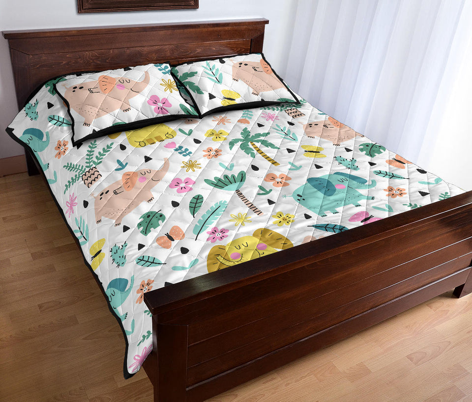 Cute elephants palm tree flower butterfly pattern Quilt Bed Set