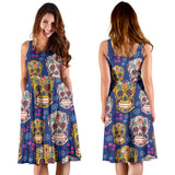 Sugar Skull Flower Pattern Sleeveless Midi Dress