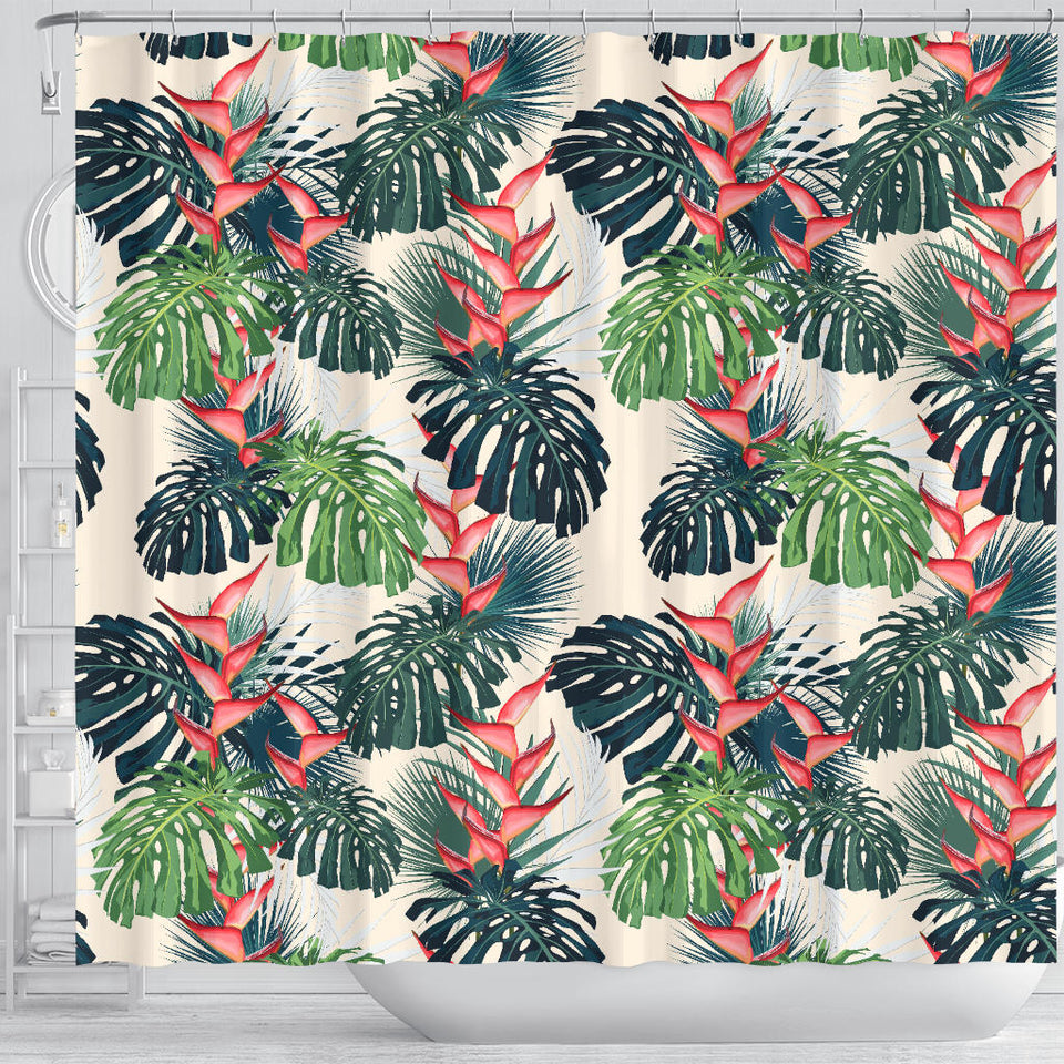 Heliconia Flowers, Palm And Monstera Leaves Shower Curtain Fulfilled In US