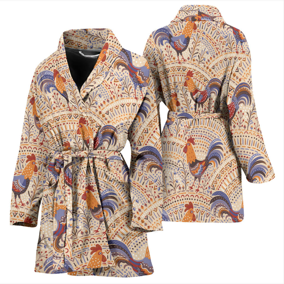 Cute Rooster Chicken Cock Floral Ornament Background Women'S Bathrobe