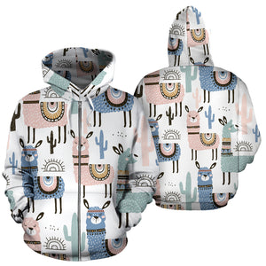 Lama Alpaca Cactus Hand Drawn Pattern Zip Up Hoodie