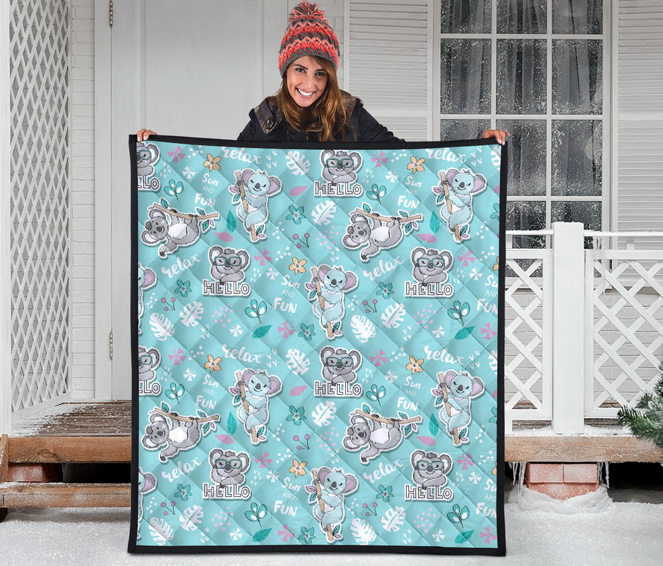 Cute Koalas Blue Background Pattern Premium Quilt