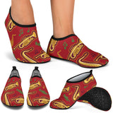 Saxophone Cornet Pattern Red Background Aqua Shoes