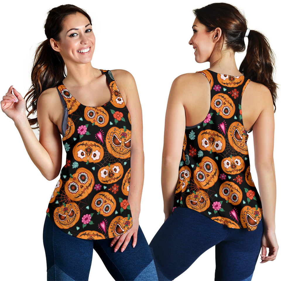 Pumpkin flowers spiderweb Halloween theme Women Racerback Tank Top
