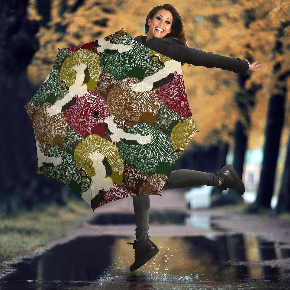 Japanese Cranes Flying Forest Dot Pattern Umbrella