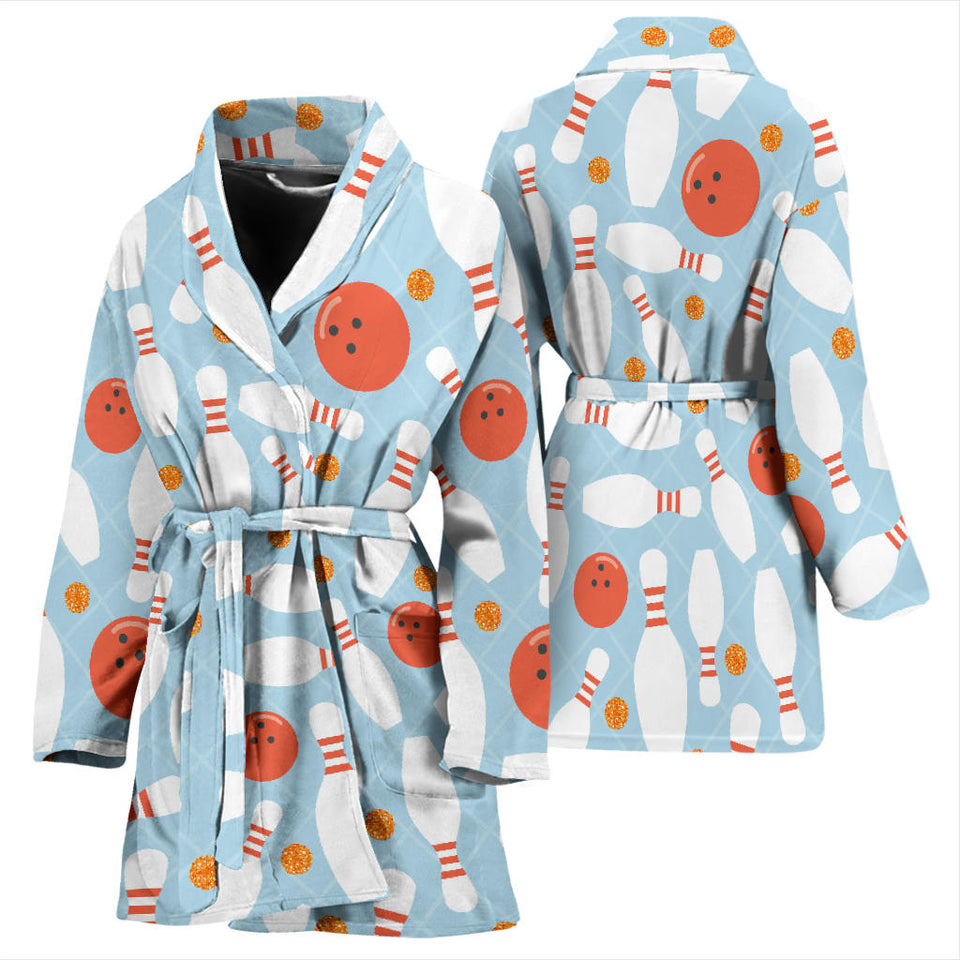 Bowling Ball Bowling Pins Blue Blackground Women'S Bathrobe