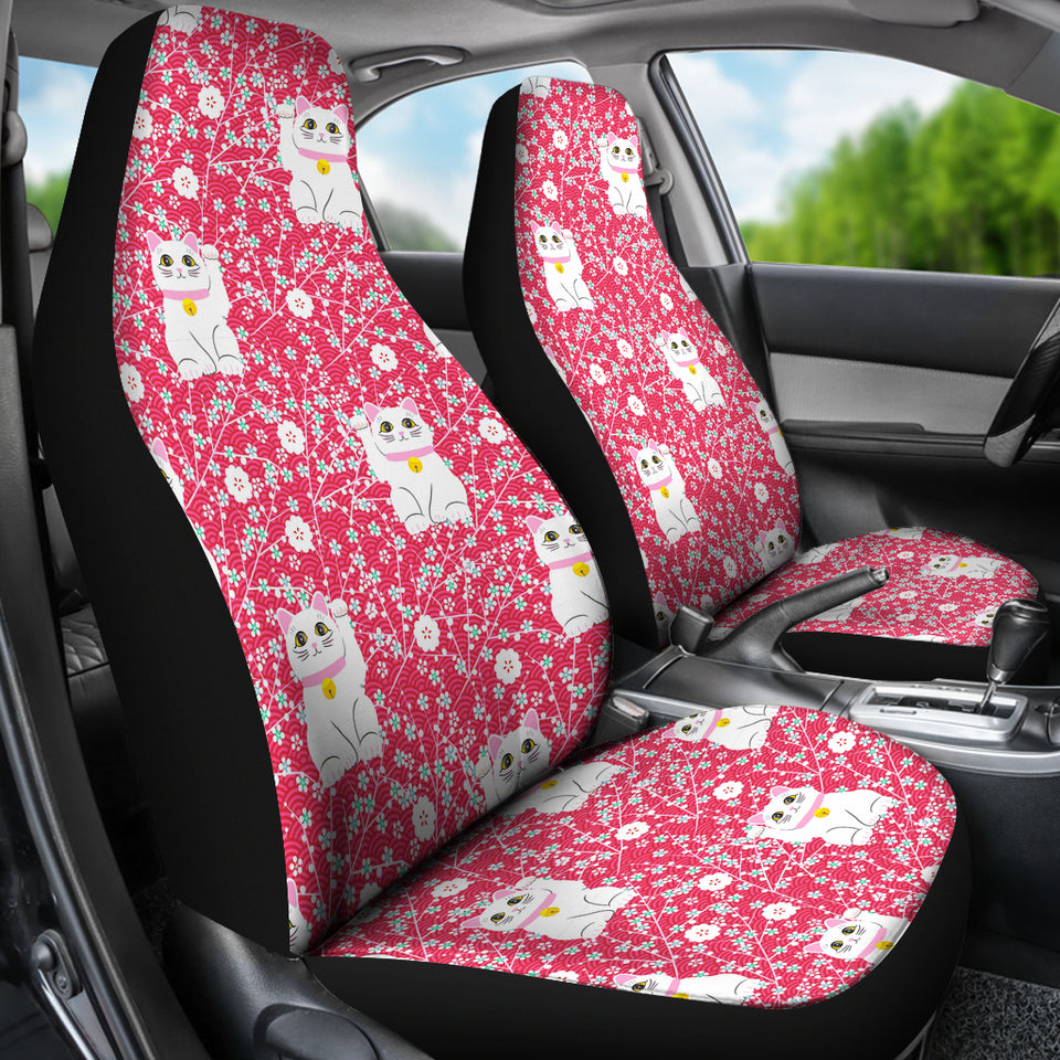 Maneki Neko Lucky Cat Sakura Pink Background Universal Fit Car Seat Covers
