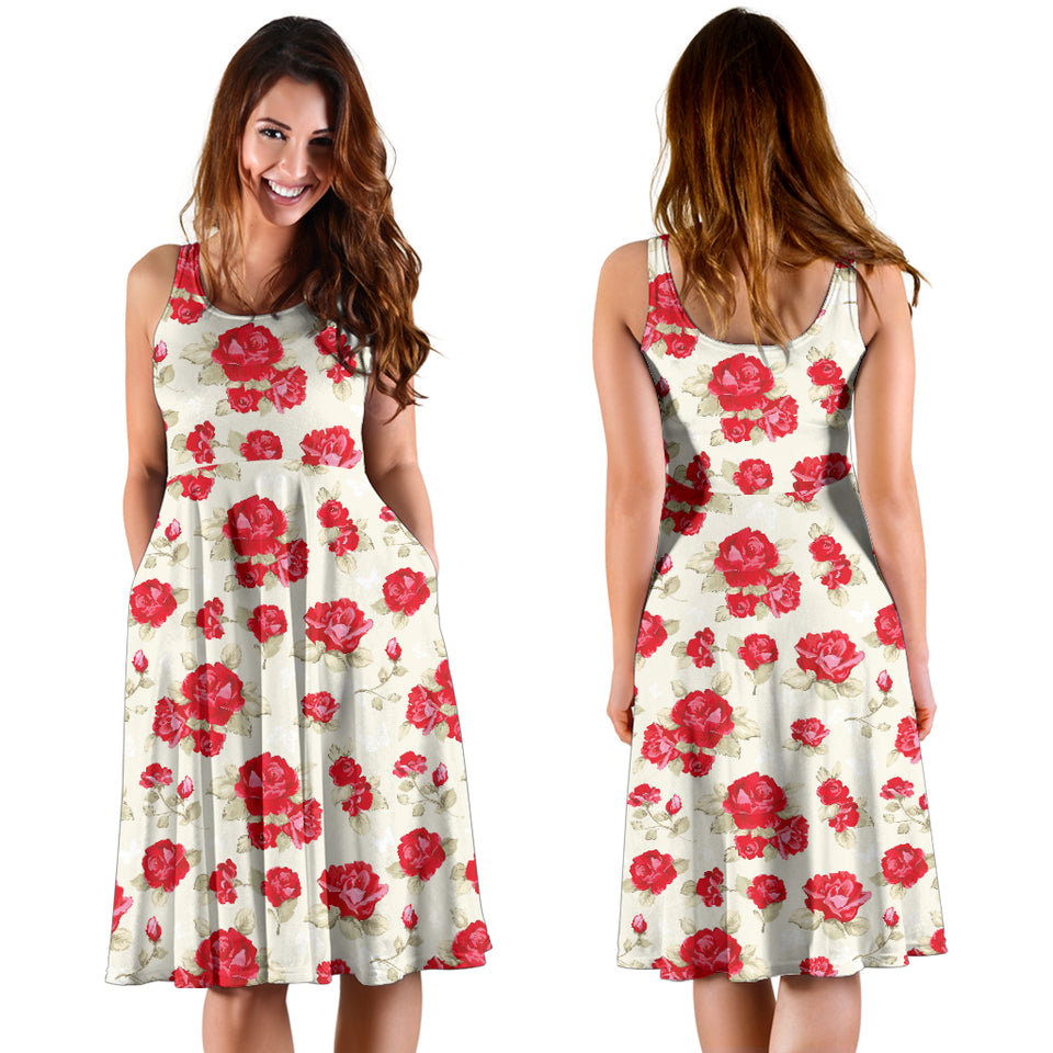 Rose Pattern Print Design 01 Sleeveless Midi Dress