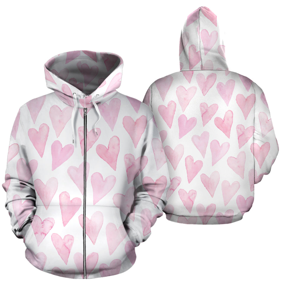 Watercolor Pink Heart Pattern Zip Up Hoodie