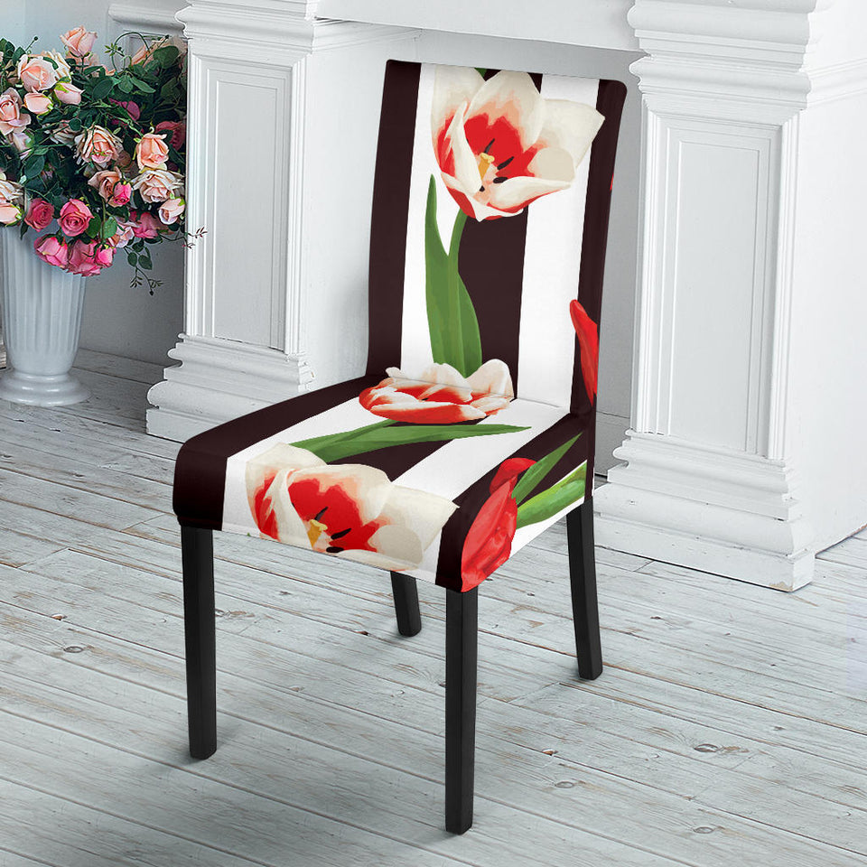 Red And White Tulips Pattern Dining Chair Slipcover