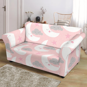 Cute Moon Cloud Star Pattern Pink Dot Background Loveseat Couch Slipcover