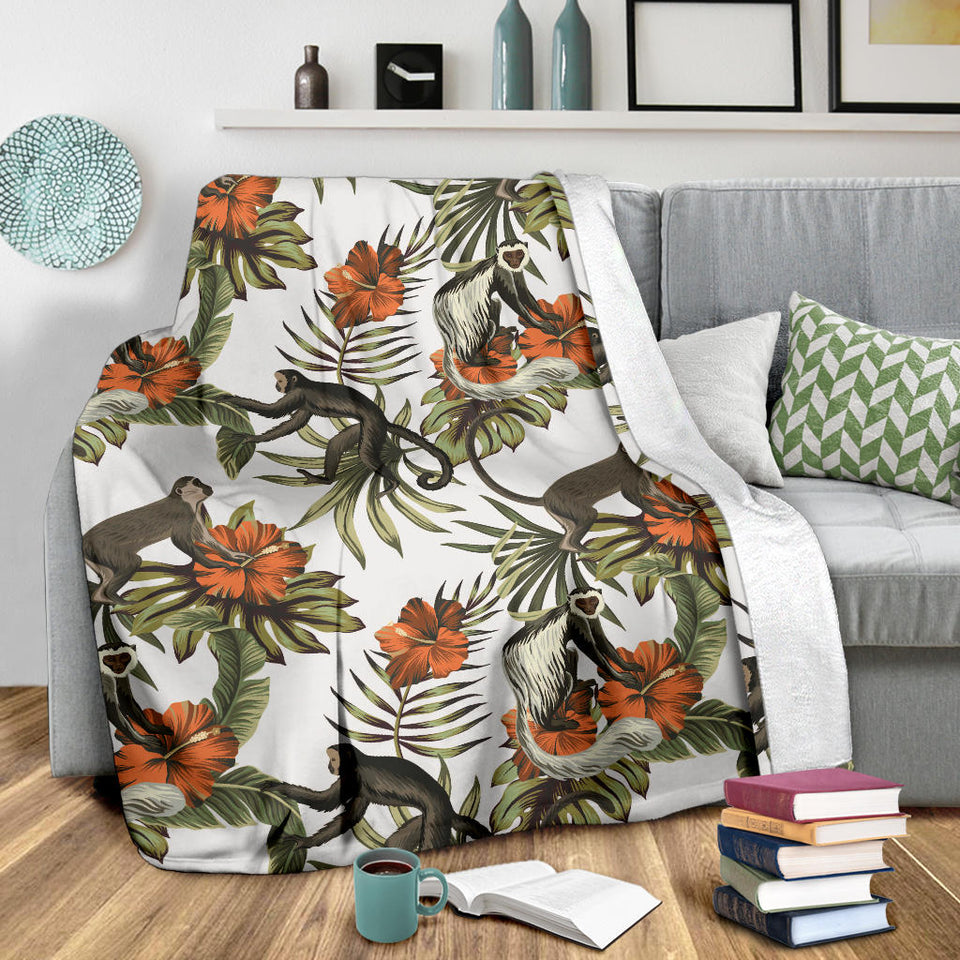 Monkey Red Hibiscus Flower Palm Leaves Floral Pattern Premium Blanket