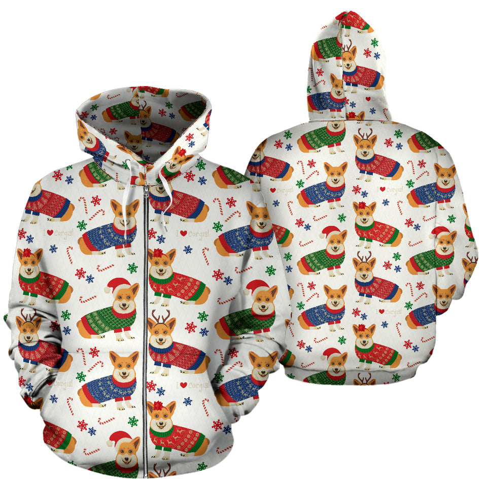 Corgi Christmas Pattern Zip Up Hoodie