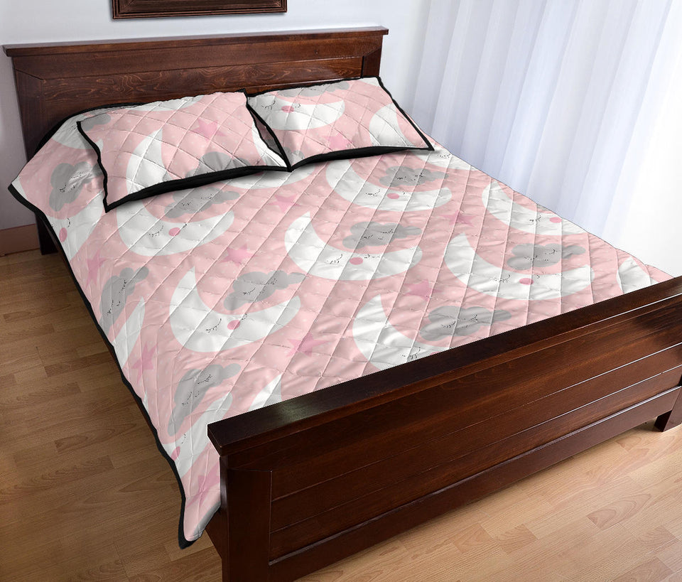Cute moon cloud star pattern pink dot background Quilt Bed Set