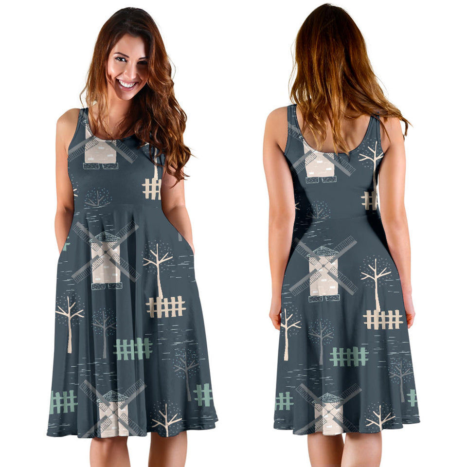 Windmill Tree Pattern Sleeveless Midi Dress