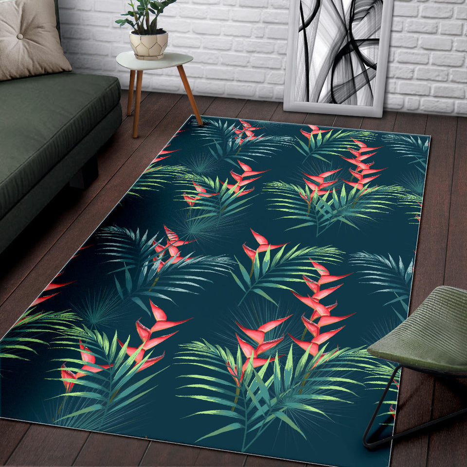 Heliconia Flowers, Palm And Monstera Leaves On Black Background Pattern Area Rug