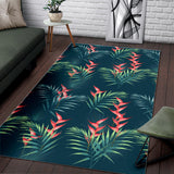 Heliconia Flowers, Palm And Monstera Leaves On Black Background Pattern Area Rug