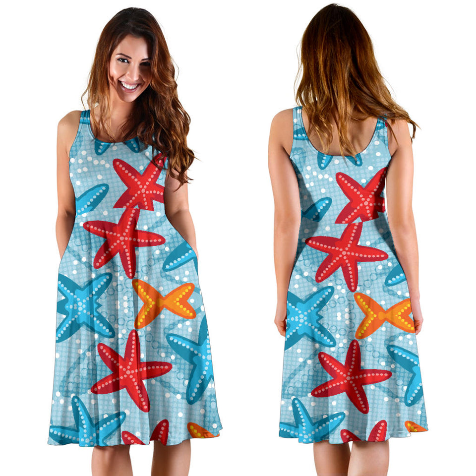 Blue Red Orange Starfish Pattern Sleeveless Midi Dress