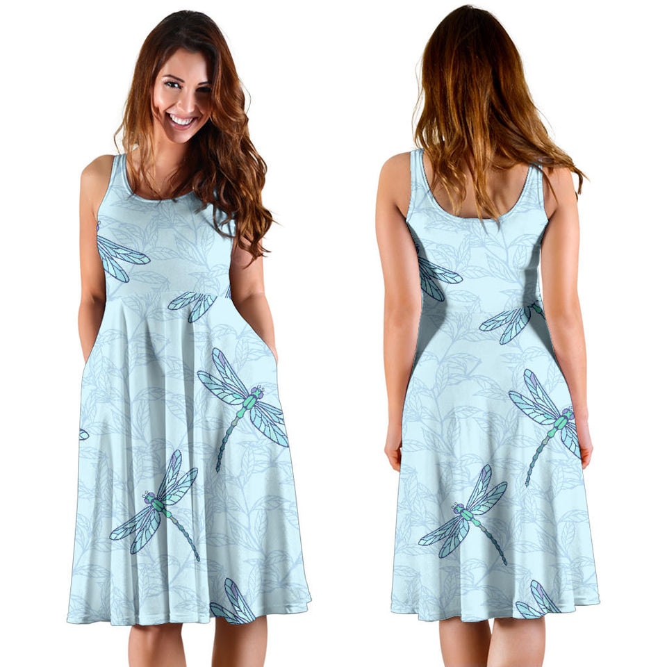 Dragonfly Pattern Blue Background  Sleeveless Midi Dress