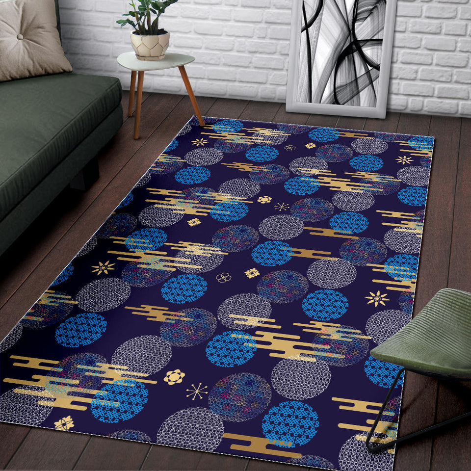 Blue Japanese Pattern Cloud Wave Flower Area Rug