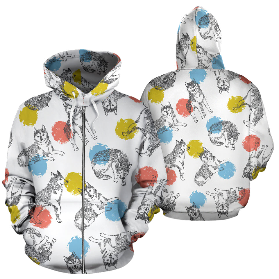 Siberian Husky And Colorful Circle Pattern Zip Up Hoodie